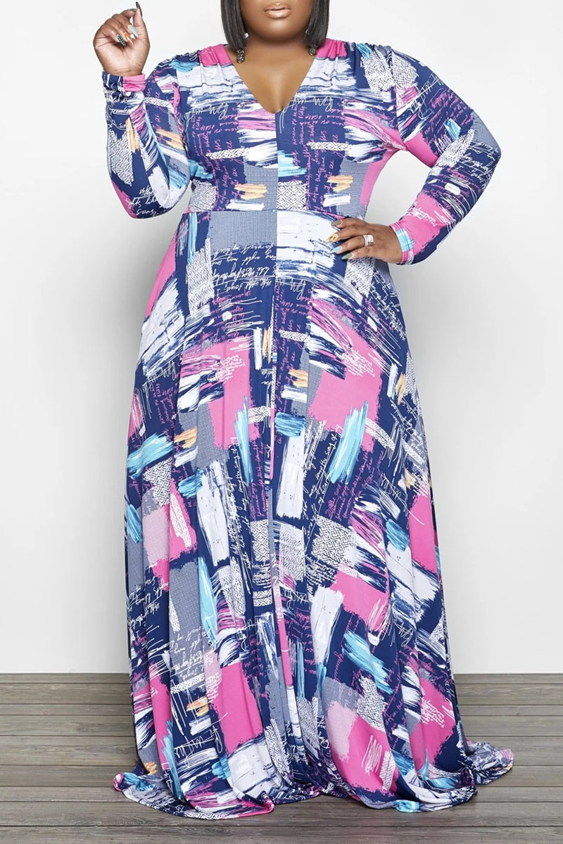 

Pink Casual Print Patchwork V Neck A Line Plus Size Dresses