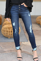 Donkerblauwe, casual, effen gescheurde skinny jeans met hoge taille en hoge taille