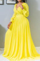 ライト イエロー ファッション カジュアル ソリッド ベルト V ネック プリーツ ドレス