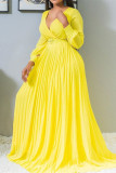 Yellow Fashion Casual Solid With Belt V Neck Pleated Dresses