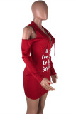 Rode mode casual brief print uitgeholde capuchon kraag lange mouwen jurken
