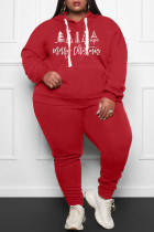 Red Fashion Casual Kerstboom Gedrukt Basic Hooded Collar Plus Size Two Pieces