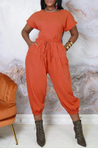 Orange Fashion Casual Solid Color Halter Short Sleeve Top Two Pieces Set