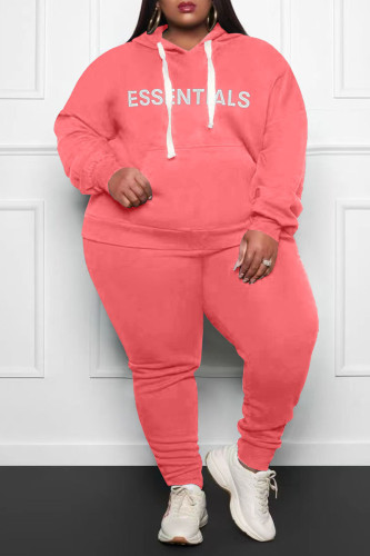 Pink Casual Print Patchwork Hooded Collar Plus Size Two Pieces