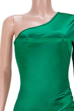 Vestidos de falda de lápiz de cuello oblicuo asimétrico de patchwork sólido sexy verde