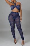 Blue Fashion Sexy Print Bandage See-through Backless Sleeveless Two Pieces