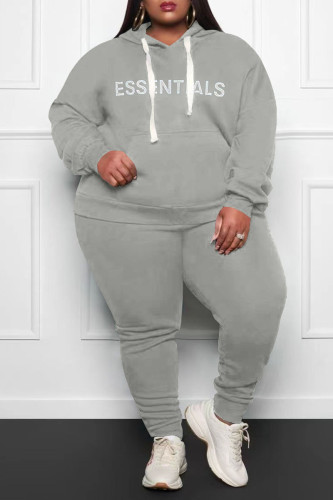 Grey Casual Print Patchwork Hooded Collar Plus Size Two Pieces