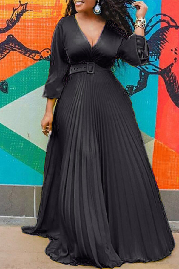 Zwarte mode casual effen met riem V-hals geplooide jurken