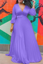 パープル ファッション カジュアル ソリッド ベルト付き Vネック プリーツドレス