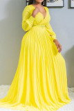 Светло-желтые модные повседневные однотонные с поясом V-образным вырезом плиссированные платья