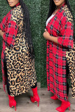 Red Casual Plaid Print Leopard Patchwork Outerwear