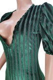 Чернильно-зеленые элегантные полосатые лоскутные платья-русалка с V-образным вырезом и раструбом