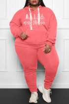 Roze Mode Toevallige Kerstboom Bedrukte Basic Hooded Kraag Plus Size Two Pieces