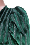 Tintengrünes, elegantes, gestreiftes Patchwork-Meerjungfrauenkleid mit V-Ausschnitt und Trompete