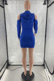 ブルーファッションカジュアルレタープリントフード付きカラーロングスリーブドレス