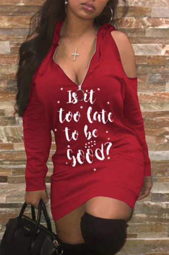 Red Fashion Casual Letter Print Hollowed Out Hooded Collar Long Sleeve Dresses
