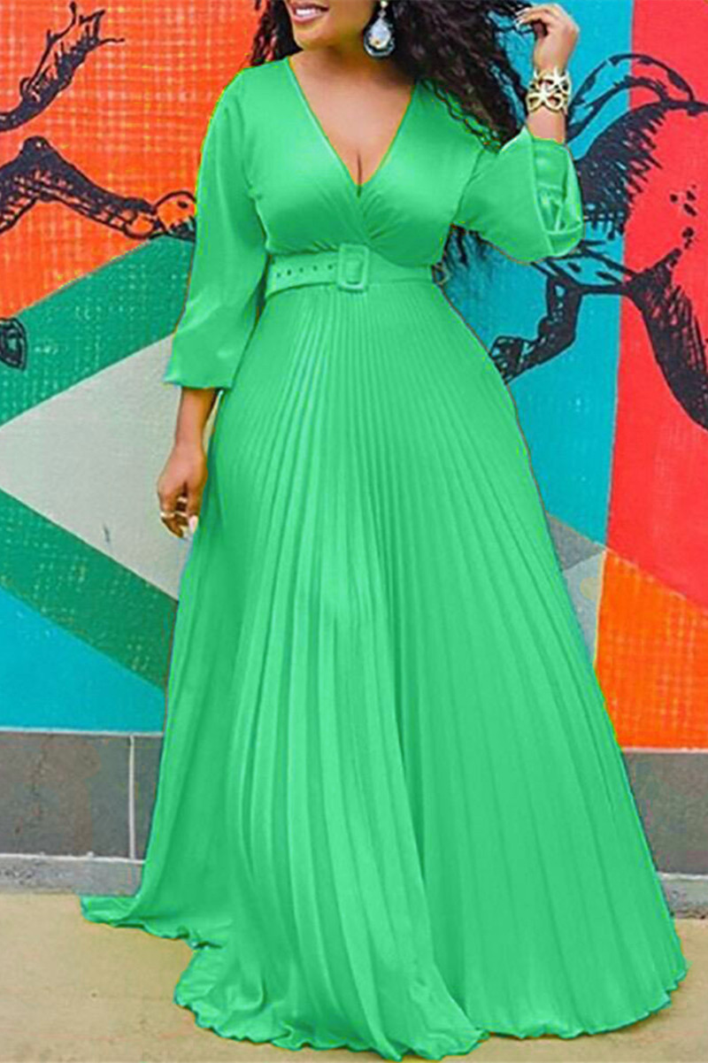 

Green Fashion Casual Solid With Belt V Neck Pleated Dresses