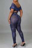 Blue Fashion Sexy Print Bandage See-through Backless Sleeveless Two Pieces