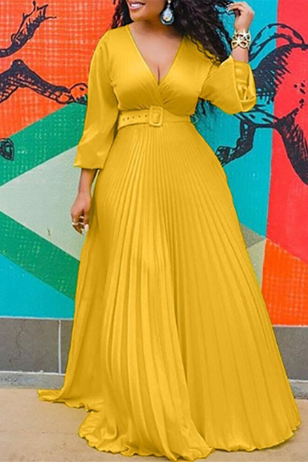 ベルトVネックプリーツドレスと黄色のファッションカジュアルソリッド