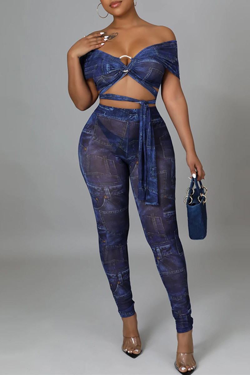 

Blue Fashion Sexy Print Bandage See-through Backless Sleeveless Two Pieces