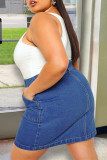 Синяя модная повседневная однотонная джинсовая юбка с пряжкой размера плюс с высокой талией