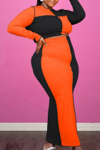 Оранжевый Мода Повседневная Твердая Пэчворк O-образным Вырезом Плюс Размер Из Двух Частей