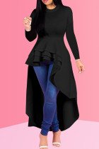 Черное модное повседневное однотонное асимметричное платье с круглым вырезом и длинным рукавом