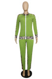 Verde moda casual estampa vazada patchwork fenda com zíper gola manga longa duas peças