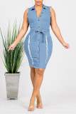 Deep Blue Casual Solid Patchwork Buckle Turndown Collar Plus Size Dresses