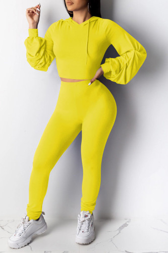 Yellow Casual Solid Patchwork Fold Hooded Collar Long Sleeve Two Pieces