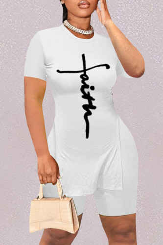 White Fashion Casual Print Slit O Neck Short Sleeve Two Pieces