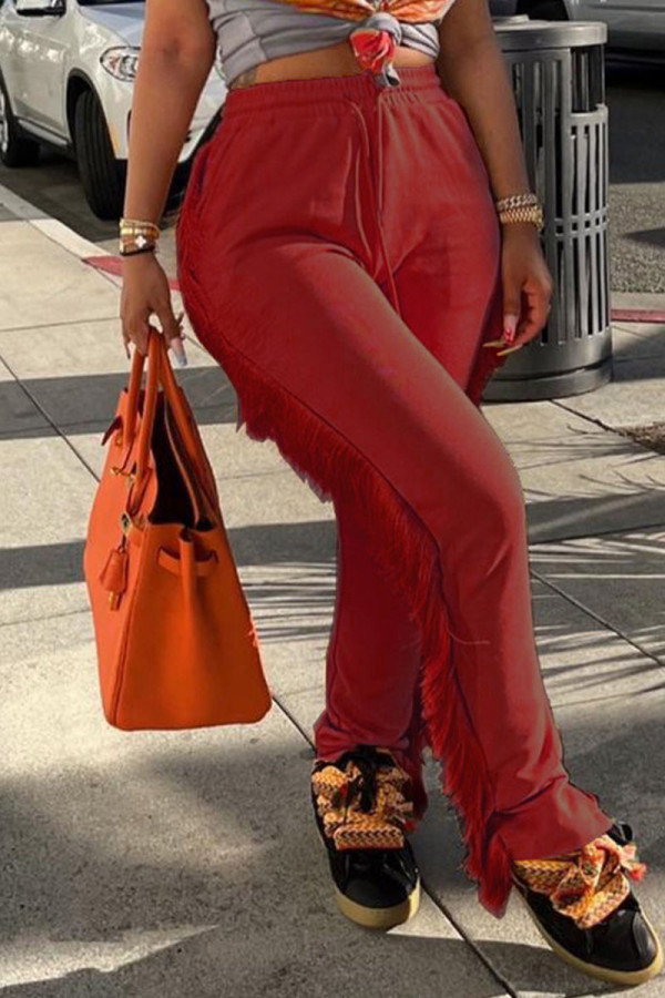 Красный Повседневный Уличный Однотонный с кисточками в стиле пэчворк Прямые прямые брюки в стиле пэчворк