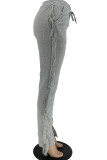 Grey Casual Street Solid Tassel Patchwork Straight Straight Patchwork Bottoms