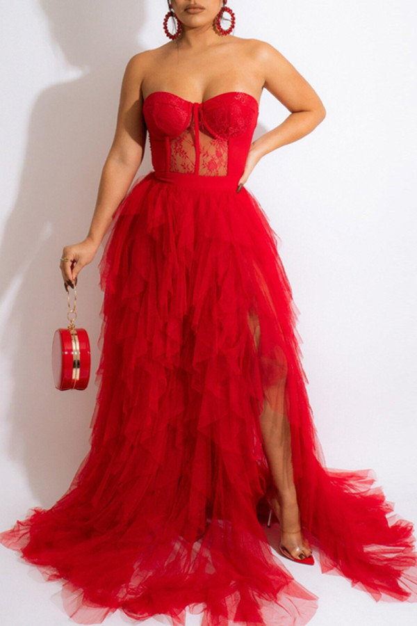 Rode mode sexy casual sexy kanten doorschijnende feest mesh strapless jurken