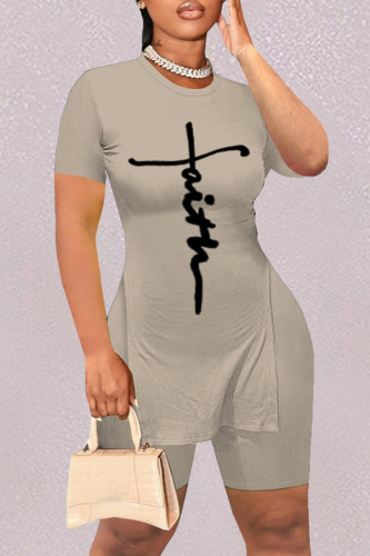 Khaki Fashion Casual Print Slit O Neck Short Sleeve Two Pieces