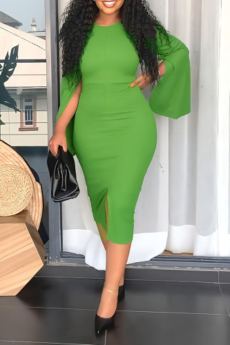 Зеленые повседневные элегантные однотонные лоскутные платья-юбки с разрезом и круглым вырезом в один шаг