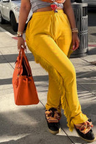 Желтый Повседневный Уличный Однотонный с кисточками в стиле пэчворк Прямые прямые брюки в стиле пэчворк