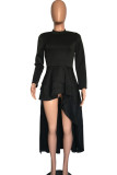 Zwarte mode casual effen asymmetrische O-hals jurk met lange mouwen