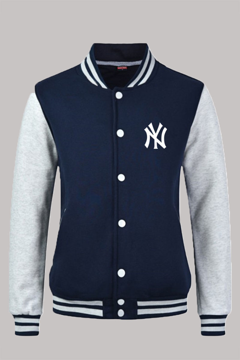 

Navy Blue Fashion Casual Print Split Joint Mandarin Collar Outerwear
