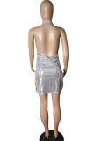Сексуальные однотонные лоскутные платья цвета шампанского с открытой спиной, разрезом и V-образным вырезом, прямые платья