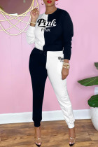 Black White Fashion Casual Letter Print Patchwork O Neck Long Sleeve Two Pieces