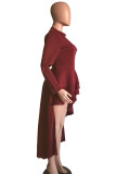 Burgundy Fashion Casual Solid Asymmetrical O Neck Long Sleeve Dress