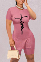 ピンクファッションカジュアルプリントスリットOネック半袖ツーピース