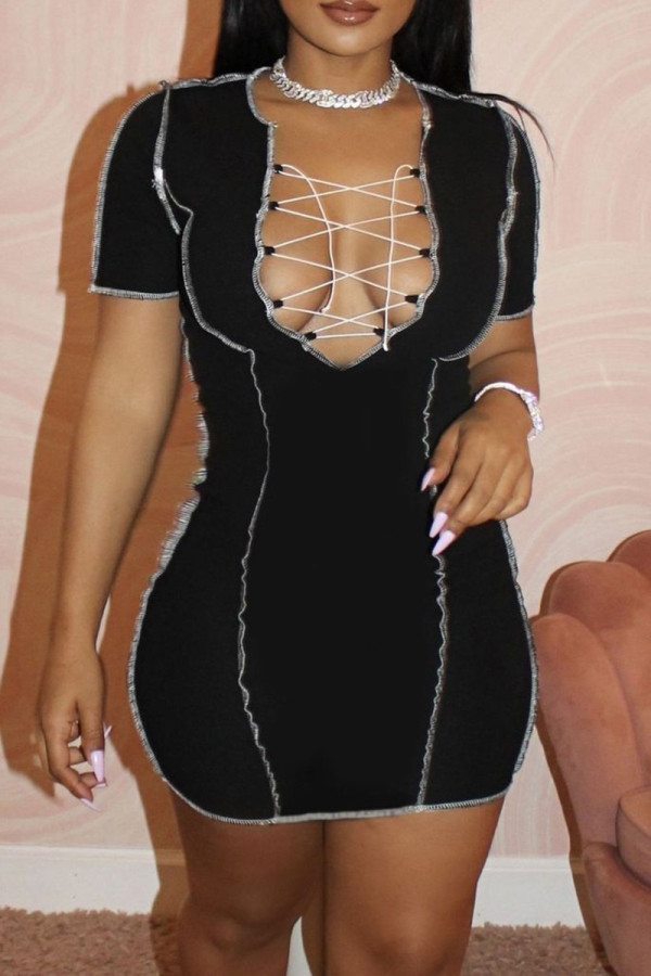 Schwarzes, modisches, lässiges, festes Bandage-Kleid mit V-Ausschnitt und kurzen Ärmeln