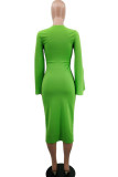 Verde casual elegante sólido patchwork fenda o pescoço vestidos de saia de um passo