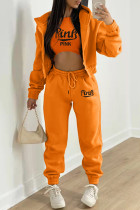 Arancione Moda Casual Stampa Lettera Cardigan Gilet Pantaloni Colletto Con Cappuccio Manica Lunga Set Tre Pezzi