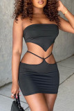 Red Fashion Sexy Solid Hollowed Out Strapless Sleeveless Two Pieces Crop Tops And Skirt Sets