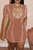 Pink Fashion Casual Solid Bandage Hollowed Out V Neck Short Sleeve Dress