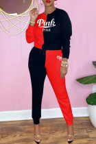 Black Red Fashion Casual Letter Print Patchwork O Neck Long Sleeve Two Pieces