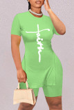 Groene Mode Casual Print Split O-hals Korte Mouw Twee Stukken